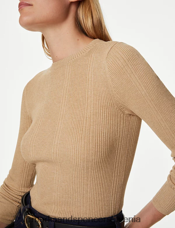 pletena majica z rebrastim ovratnikom kamela Marks & Spencer oblačila ženske 6T8F6X1562