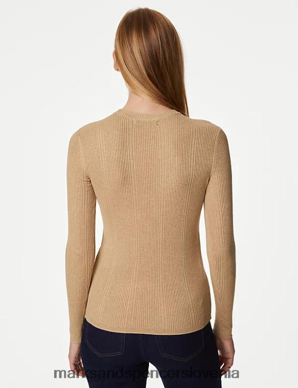 pletena majica z rebrastim ovratnikom kamela Marks & Spencer oblačila ženske 6T8F6X1562