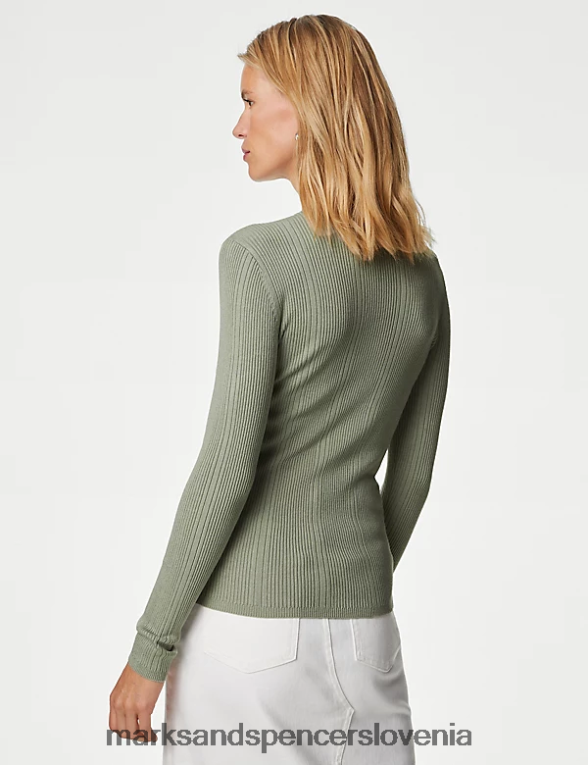 pletena majica z rebrastim ovratnikom nežno zelena Marks & Spencer oblačila ženske 6T8F6X1564