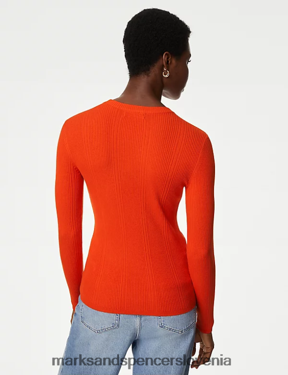 pletena majica z rebrastim ovratnikom svetlo oranžna Marks & Spencer oblačila ženske 6T8F6X1560