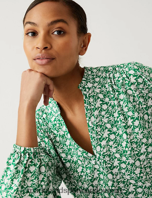 popover bluza s cvetličnim v-izrezom zelena mešanica Marks & Spencer oblačila ženske 6T8F6X1040