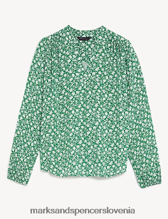 popover bluza s cvetličnim v-izrezom zelena mešanica Marks & Spencer oblačila ženske 6T8F6X1040