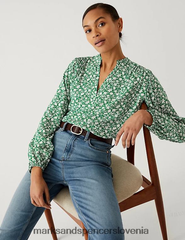 popover bluza s cvetličnim v-izrezom zelena mešanica Marks & Spencer oblačila ženske 6T8F6X1040