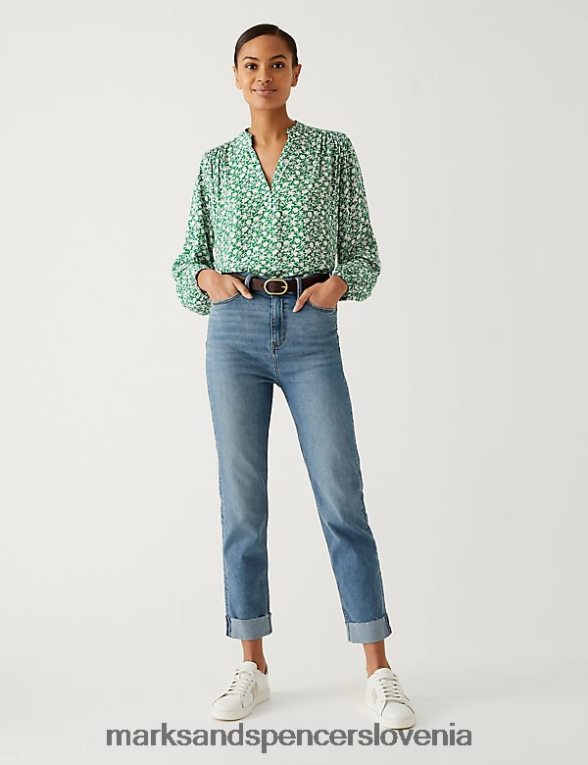 popover bluza s cvetličnim v-izrezom zelena mešanica Marks & Spencer oblačila ženske 6T8F6X1040