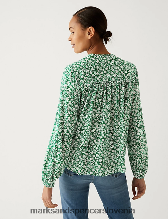 popover bluza s cvetličnim v-izrezom zelena mešanica Marks & Spencer oblačila ženske 6T8F6X1040