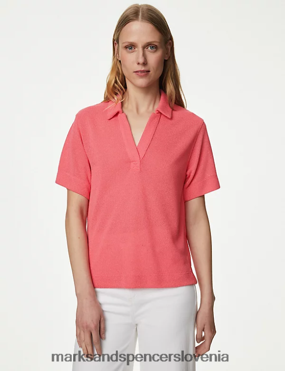 teksturiran top z ovratnikom srednje roza Marks & Spencer oblačila ženske 6T8F6X2251