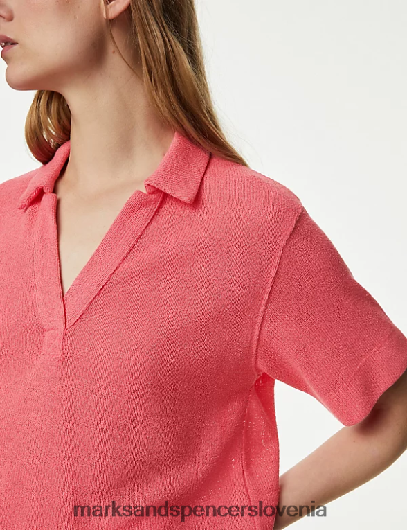 teksturiran top z ovratnikom srednje roza Marks & Spencer oblačila ženske 6T8F6X2251