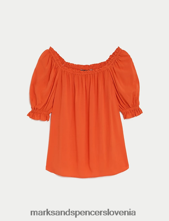 vrh z napihnjenimi rokavi s kvadratnim izrezom svetlo oranžna Marks & Spencer oblačila ženske 6T8F6X3141