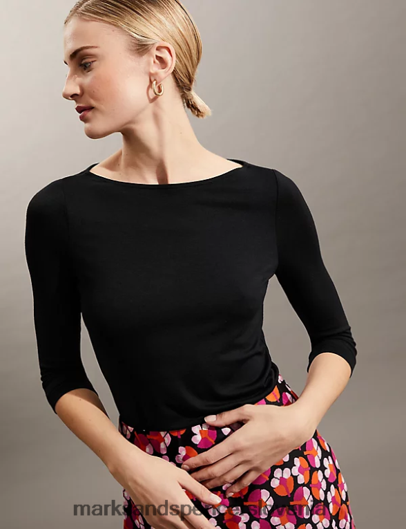 zgornji del s 3/4 rokavi s poševnim izrezom Črna Marks & Spencer oblačila ženske 6T8F6X3027
