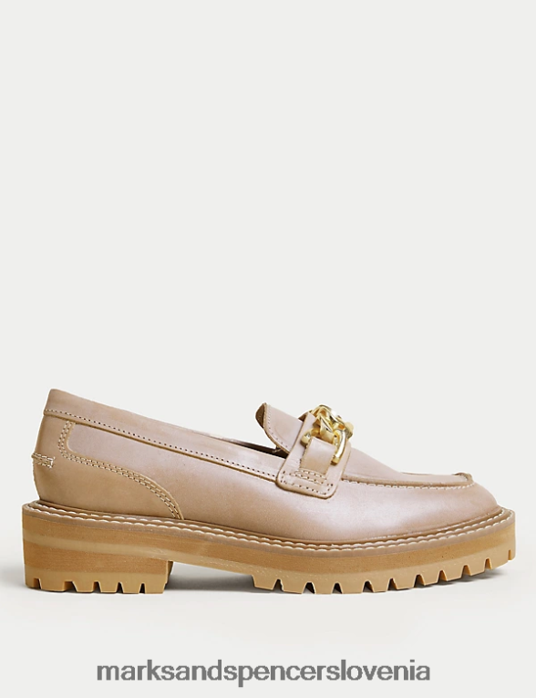 Loaferji z usnjeno verigo in blok peto kamela Marks & Spencer obutev ženske 6T8F6X422