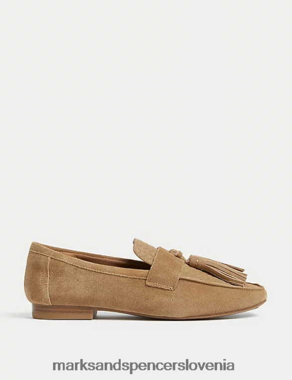 ravni loaferji iz semiša s resicami kamela Marks & Spencer obutev ženske 6T8F6X2125