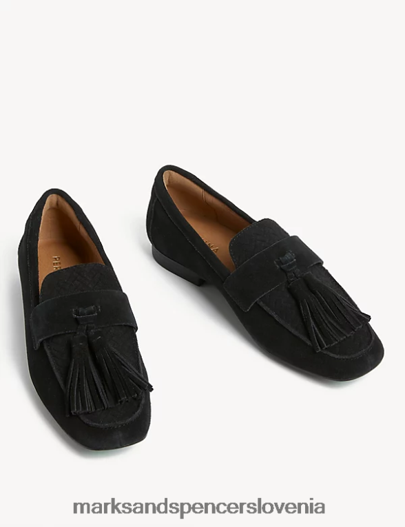 ravni loaferji iz semiša s resicami Črna Marks & Spencer obutev ženske 6T8F6X1811