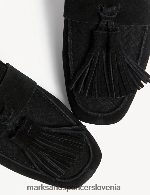 ravni loaferji iz semiša s resicami Črna Marks & Spencer obutev ženske 6T8F6X1811