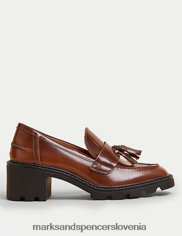 usnjeni loaferji z resicami in blok peto kostanj Marks & Spencer obutev ženske 6T8F6X2013