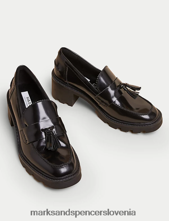 usnjeni loaferji z resicami in blok peto Črna Marks & Spencer obutev ženske 6T8F6X1688
