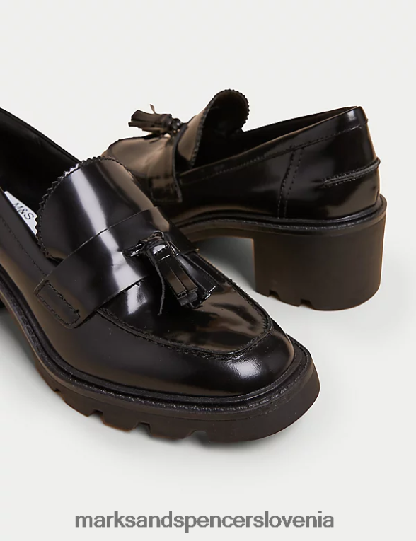 usnjeni loaferji z resicami in blok peto Črna Marks & Spencer obutev ženske 6T8F6X1688